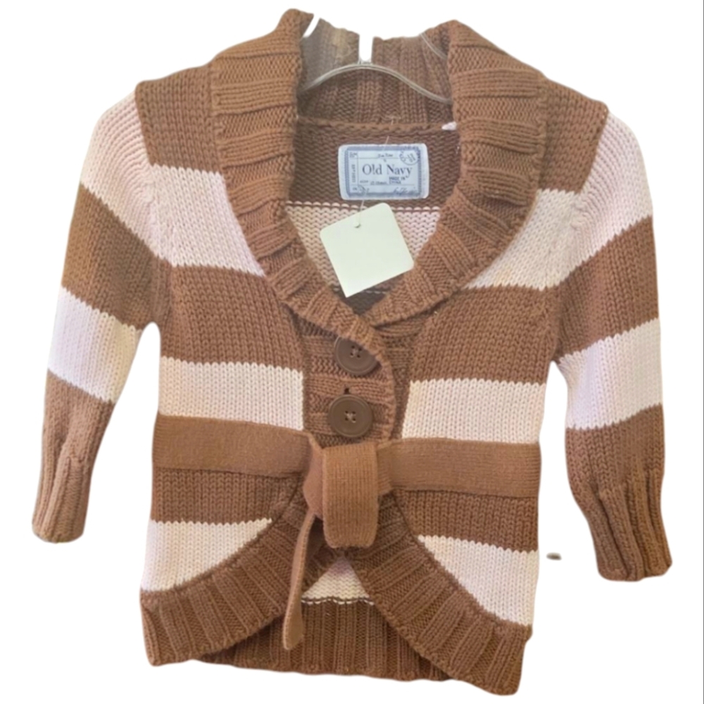 Old Navy Cardigan Sweater Brown & Pink Stripes With Belt Size 12-18mo Vintage
